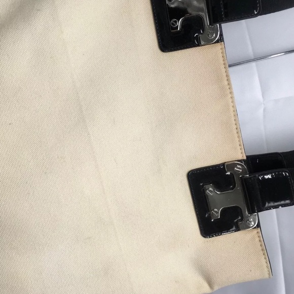 Tory Burch Natural Canvas Tote Shopper Bag Black Patent Leather ✅Offers Welcome - Picture 2 of 11